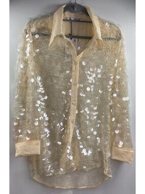 Zara Semi-Sheer Button-Down Sequin Lace Long Sleeve Blouse Ecru Size XXL NWT